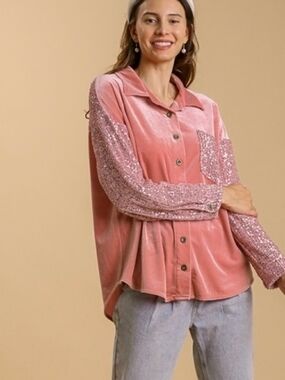 Umgee Dusty Pink Velvet Button-Down with Sequin Sleeves